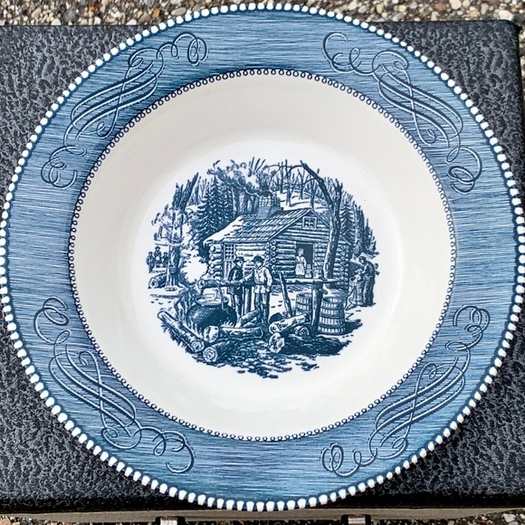Royal China CURRIER & IVES Blue Scroll MAPLE SUGARING Rimmmed 9” Vegetable Bowl - Picture 2 of 16
